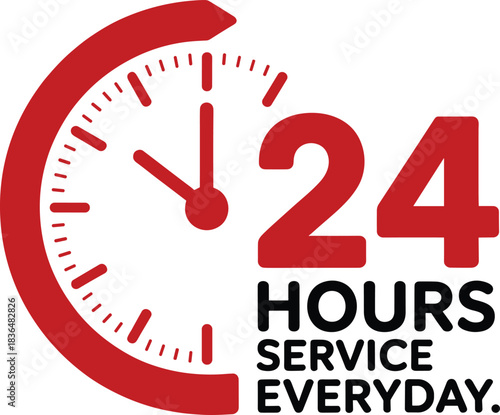 Red 24 Hours Service Everyday Clock Icon vector