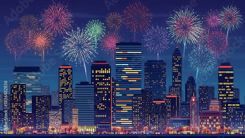 Fireworks Over City Skyline Celebration Night Pixel Art Style