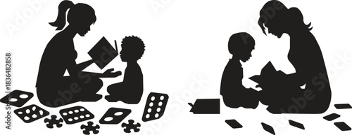 Mother teaching child silhouette set with educational cards and puzzle pieces. Early learning, autism therapy and child development concept for parenting, homeschooling and special education materials