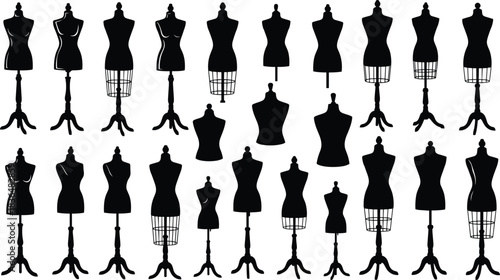 Large set of dress form silhouettes, tailor mannequins, fashion design, sewing equipment, clothing industry, pattern making, vector collection, black icons, isolated, style.