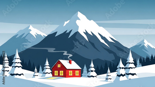 Winter Mountain Landscape with Cabin in Snowy Scenery
