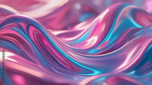 Abstract iridescent wavy surface with vibrant pink, blue, and purple liquid metal texture.