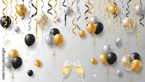 Elegant Celebration: Balloons Confetti and Champagne Toast Design