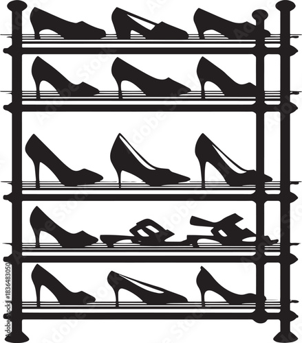 Elegant shoe rack with various styles of womens footwear displayed against a clean white background vector illustration