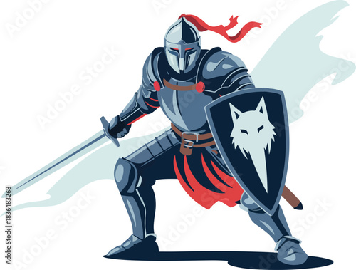 Medieval knight warrior with sword and shield, brave armored man in combat gear ready for battle, vector illustration, isolated object