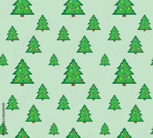 pixel christmas tree Seamless Pattern vector winter background pixel art for 8 bit game