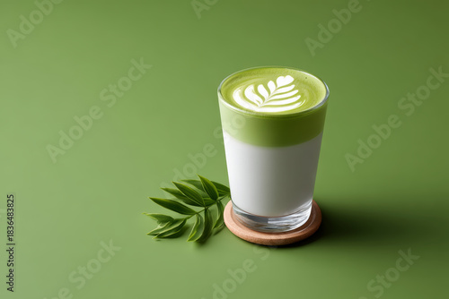 Matcha latte looks delicate, adorned with leaf art, truly pleasing to eye