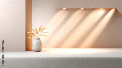 Here description and keywords based image and instructions Vase with plant gleams warmly soft