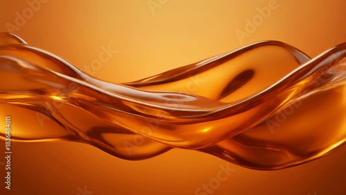 Dynamic splash of golden-brown viscous liquid creating elegant waves against a warm orange background, showcasing fluid motion and reflective surfaces.