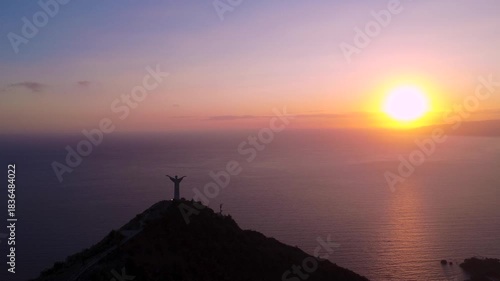 Sunset View From a Mountain With the Statue of Jesus Overlooking the Ocean. Maratea, Basilicata, Italy