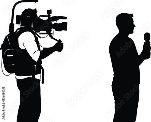 Silhouette of cameraman with professional camera rig and reporter holding microphone, illustrating news coverage, media production, and journalism vector.