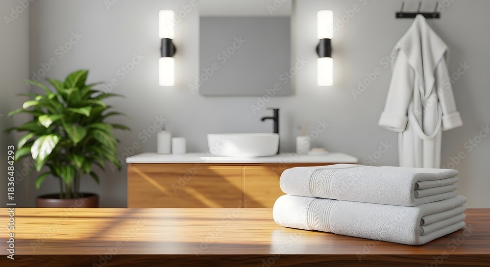 Fototapeta premium Modern Bathroom Scene with Stacked White Towels, Plant, and Robe - Copy Space for Text