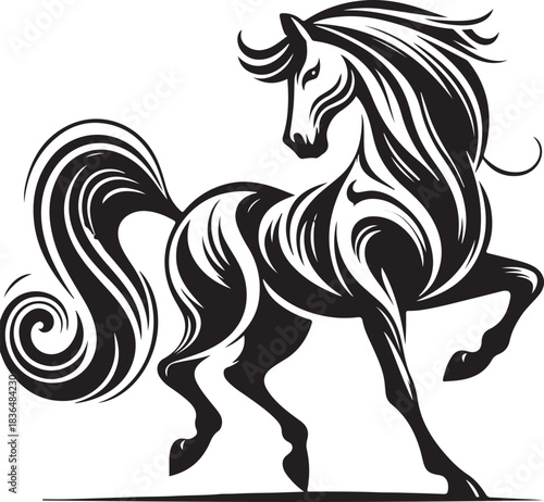 Black horse vector silhouette illustration of a running wild stallion