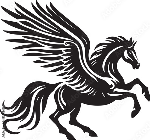 Black and white vector illustration of a running mustang stallion silhouette design