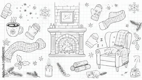 Hand drawn doodle set of cozy winter home interior elements.