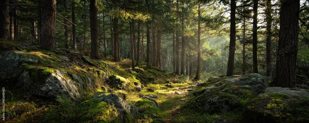 Obraz premium A serene forest pathway illuminated by soft sunlight, with lush greenery and moss-covered rocks, creating a tranquil and inviting atmosphere.