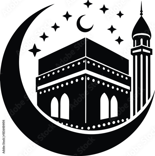 Kaaba  with Crescent Moon Silhouette for Ramadan Illustration.