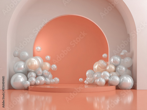 Minimalist, coral silver balloon arch on soft coral backdrop, floating soap bubbles, pink marble architecture, gold accents, monochromatic, symmetrical layout, modern minimalist desig - AI-Generated