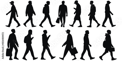 business people walking Silhouettes, men and women full length front, side, back view. Vector art of a collection of walking man silhouettes in various poses and with different accessories
