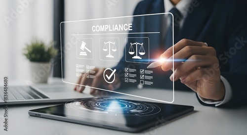Business professional interacting with digital compliance interface, legal and regulatory technology concept
