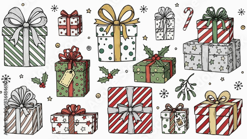 Hand drawn collection of festive Christmas gift boxes with bows and ribbons.