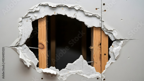 A large hole torn in a drywall wall, revealing the wooden studs behind it, showing the damage and construction underneath, Wall damage and repair needed for damaged drywall