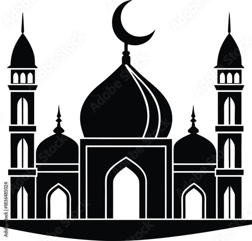 Minimalist Mosque With Crescent Moon Silhouette.