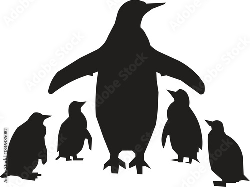 Penguin family silhouette with parent penguin protecting baby chicks. Wildlife, animal behavior and parenting concept illustration in minimal black style.