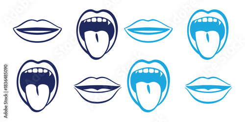 Mouth icons show lips and tongue in shades of blue, perfect for graphic design or branding.Lips icon on white and black background in different styles.Lips icon isolated on white background.
