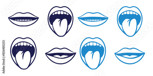 Mouth icons show lips and tongue in shades of blue, perfect for graphic design or branding.Lips icon on white and black background in different styles.Lips icon isolated on white background.
