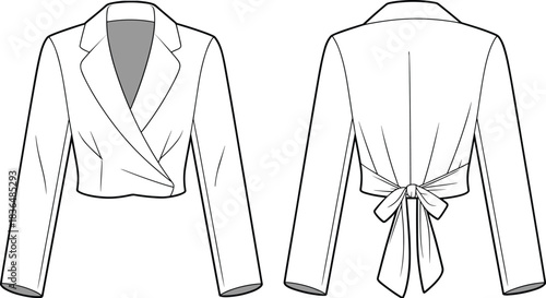Fashion Flat Sketch of Cropped Wrap Blazer, Tie Back Closure, Lapel Collar, Long Sleeve, Technical Drawing Vector Illustration, Women's Top.