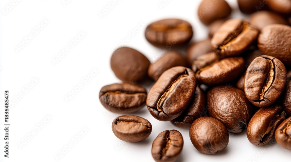 Fototapeta premium Roasted coffee beans create a rich texture on a clean white background