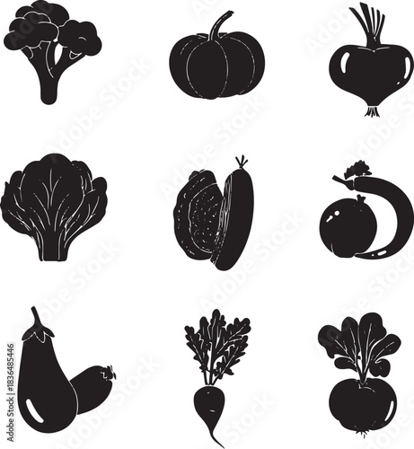 Various Vegetables in Black Silhouette Perfect for Cooking Food Designs and Healthy Eating Promotion Materials