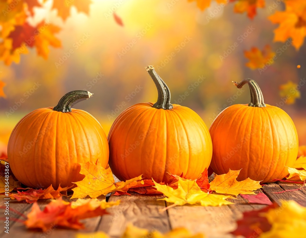 Naklejka premium Three pumpkins sit on a wooden surface with colorful autumn leaves
