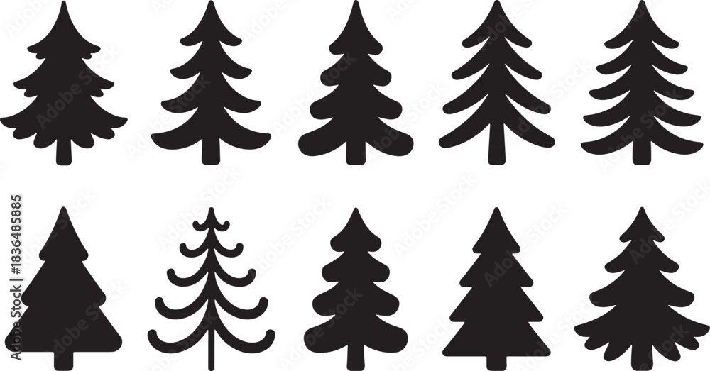 Fototapeta premium Collection of Simple Black Christmas Tree Silhouettes in Varied Designs