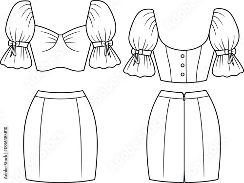 Fashion technical drawing template of romantic puff sleeve bustier top and fitted mini skirt set, front and back views apparel CAD vector