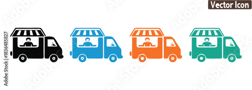Vibrant food truck icons represent mobile business and street food,Food truck Food Truck Mobile Restaurant Eatery Eat Van Transport Delivery Deliver Fast Service Station Carnival Cafe Sign Icon