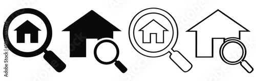 MFind your dream home with this modern house search icon set.magnifying glass icons show graphs and charts representing data analysis market research and business intelligence activities,
