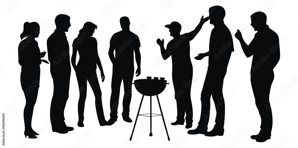 Obraz premium A man grilling meat standing on the side of the road vector.Backyard barbecue party with friends enjoying summer grilling and good company in silhouette for lifestyle brand 