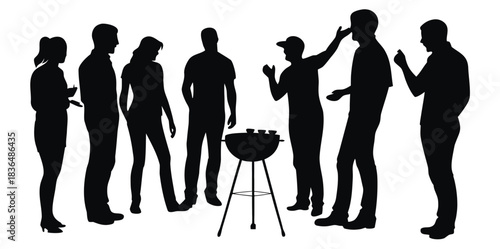 A man grilling meat standing on the side of the road vector.Backyard barbecue party with friends enjoying summer grilling and good company in silhouette for lifestyle brand
