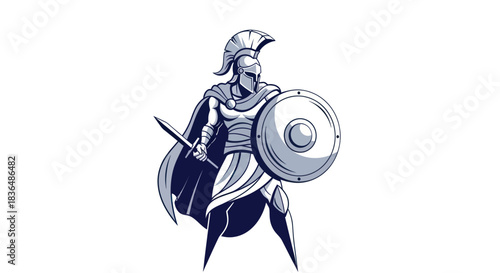 Ancient warrior in armor holding sword and shield on white background