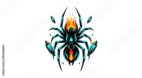 Artistic spider illustration with fiery accents and geometric elements