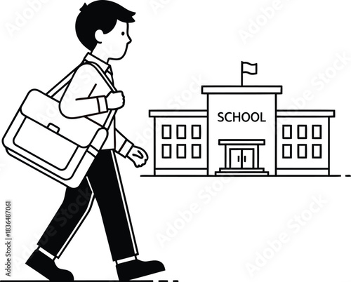 Boy with satchel walking to school building illustration on a white background