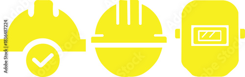 Construction safety icons set with hard hat, protective helmet and welding mask in bold yellow minimal style. Industrial PPE vector illustration.