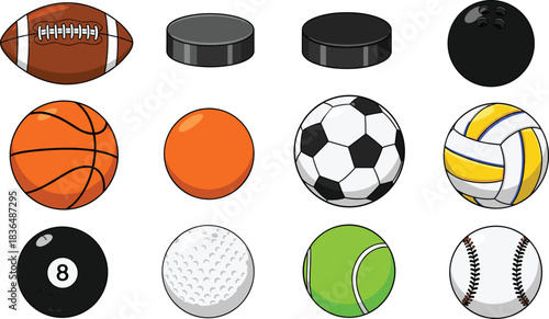 sports ball vector set, football basketball baseball soccer, tennis golf volleyball, hockey puck, colorful icons, athletic equipment, game illustration
