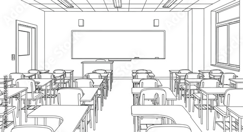 Empty classroom with desks and chairs ready for students to learn together