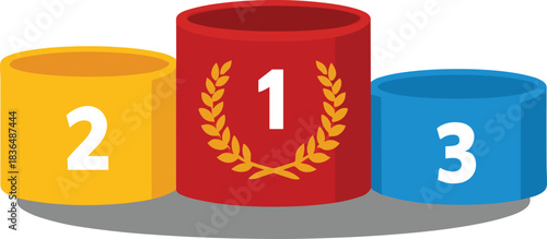 three-tier podium vector, red yellow blue stage, laurel wreath symbol, first second third place, competition ranking, award design, achievement icon