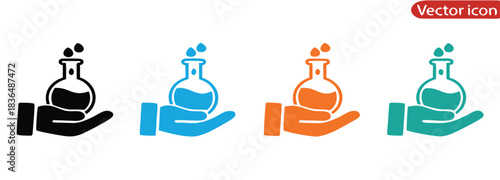 Hands holding lab beakers for scientific research work flow,Vector icon or logo related to chemistry lab flask, science experiments and research, education and medicine.