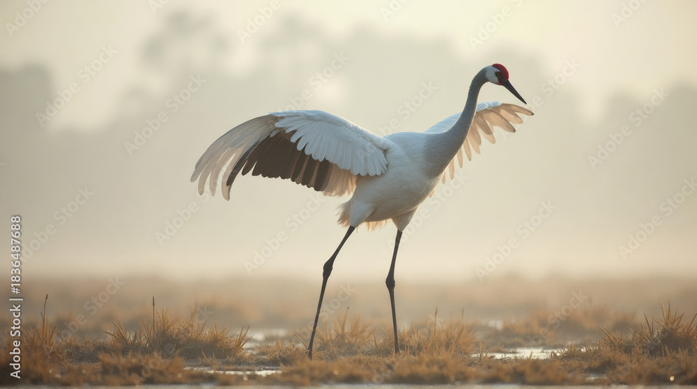 Fototapeta premium Red-Crowned Crane Dancing Gracefully in Open Marshland Fog