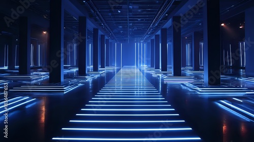 Futuristic blue illuminated hall with stairs a modern architectural space for events showcasing a sleek and technological environment